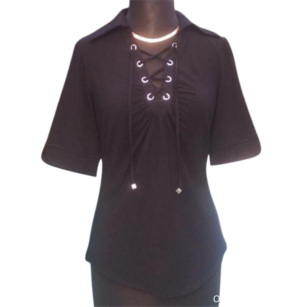 Cache Black Lace Up Front Ruched Bust Stretch Top New Rayon Spandex $88 NWT